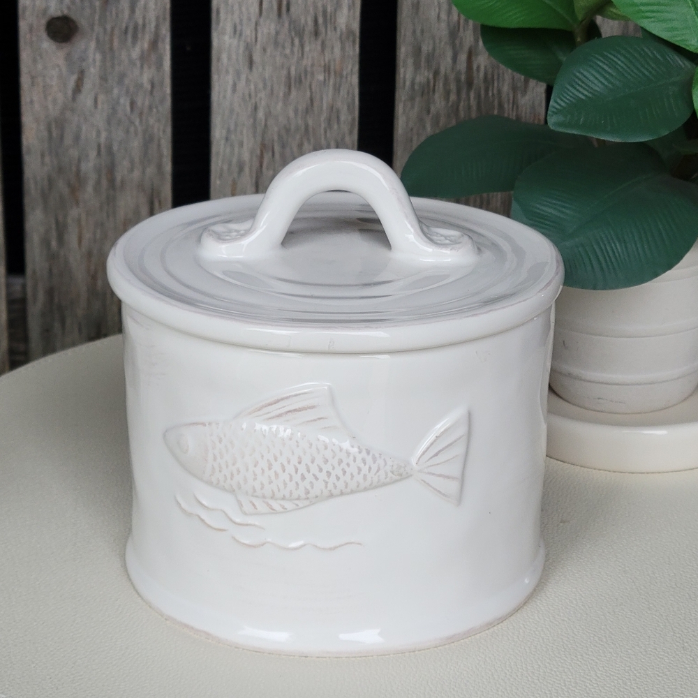 Fish Embossed Motif Jar & Lid White Ceramic